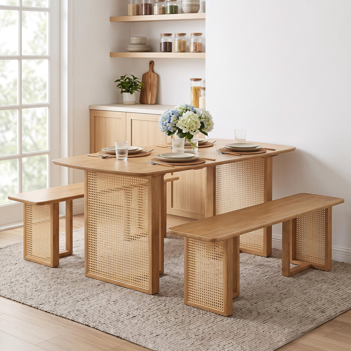 55" Solid Rubber Wood Dining Table Set, 2 Benches, Natural Dining Room Sets at Gallery Canada