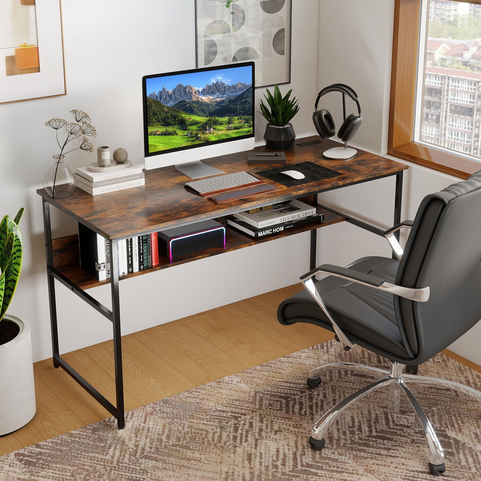 55 x 24 inch Computer Desk with Power Outlets and USB Ports, Rustic Brown Computer Desks at Gallery Canada