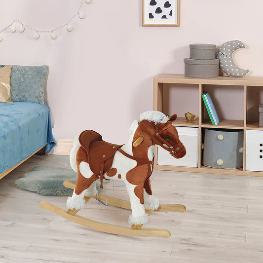 Kids Rocking Horse Ride-On Toy, Nursery Rhyme Music, Light Rocking Horses Light Brown/White at Gallery Canada
