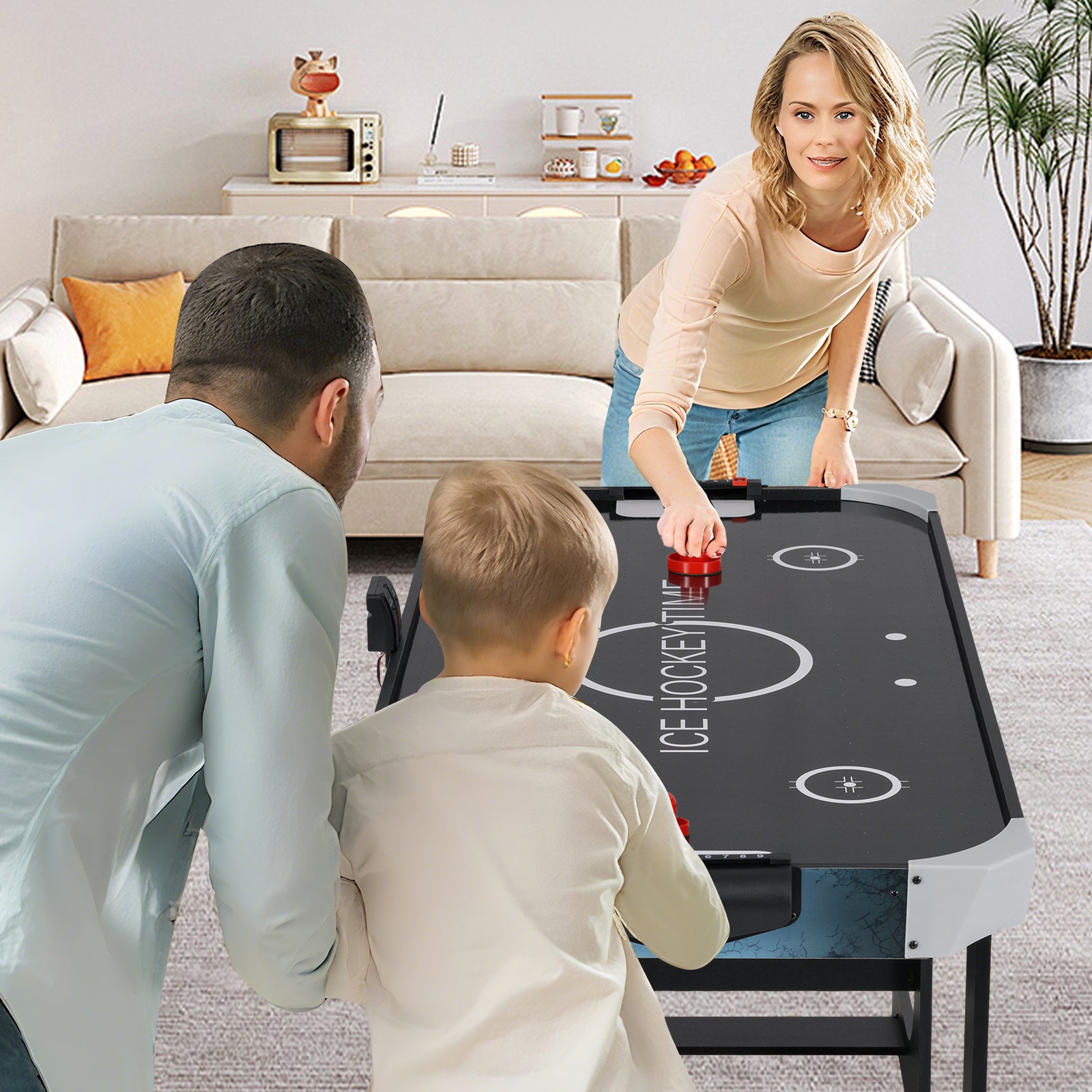 56 Inch Air Hockey Table with Powerful 12V Motor and LED Digital Scoreboard, Black Game Room at Gallery Canada