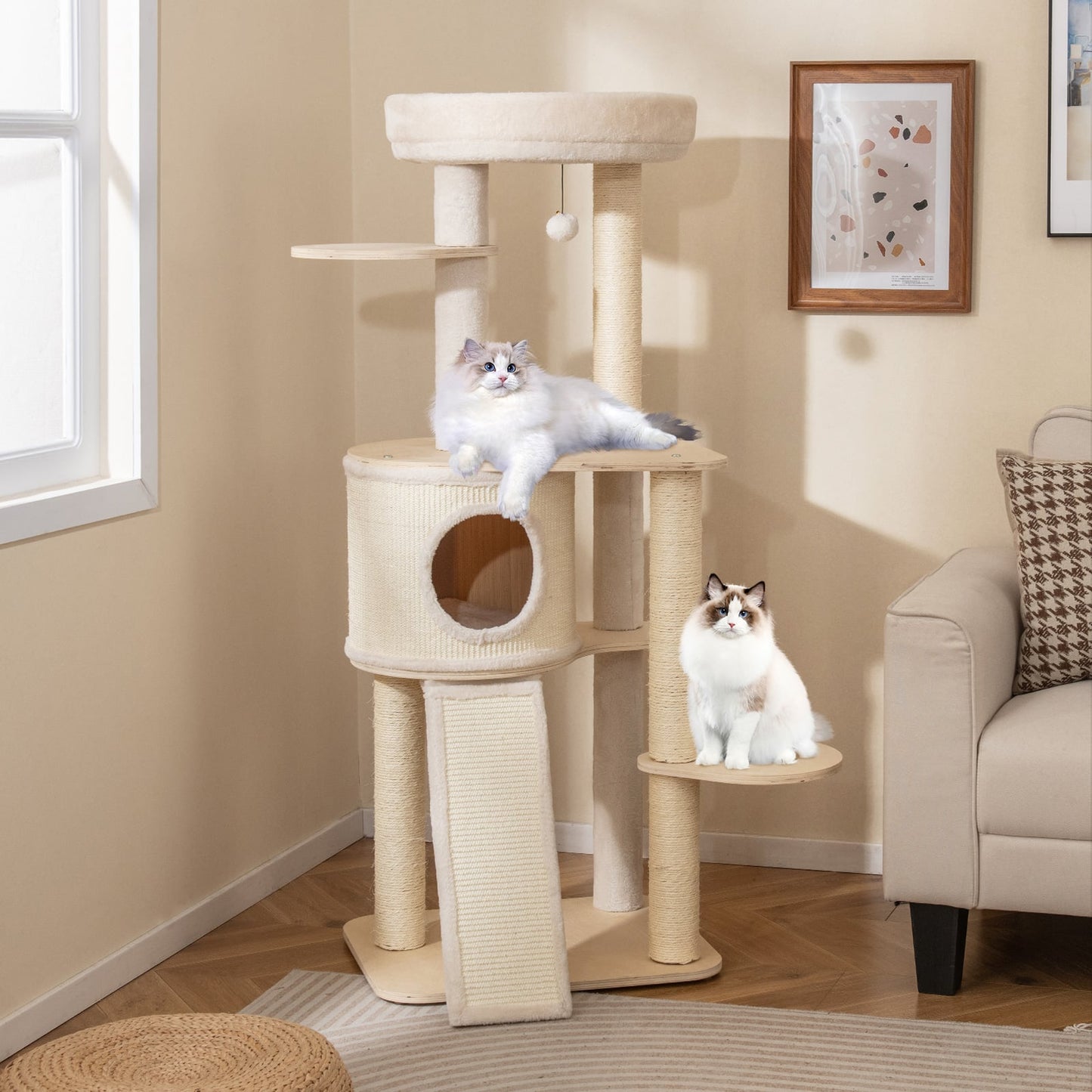 56 Inch Tall Cat Tree with 2 Sisal Scratching Posts and Ladder-NA, Natural Cat Trees Condos & Scratchers at Gallery Canada