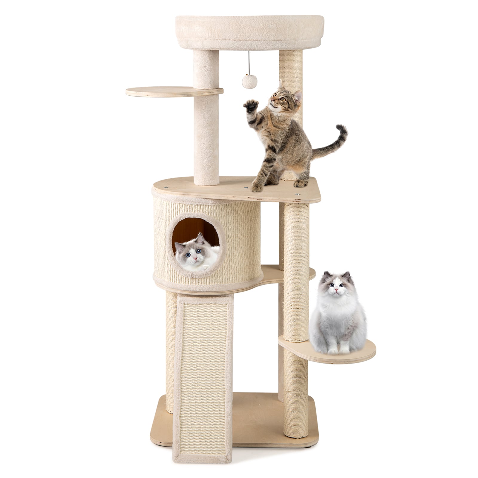 56 Inch Tall Cat Tree with 2 Sisal Scratching Posts and Ladder-NA, Natural Cat Trees Condos & Scratchers at Gallery Canada