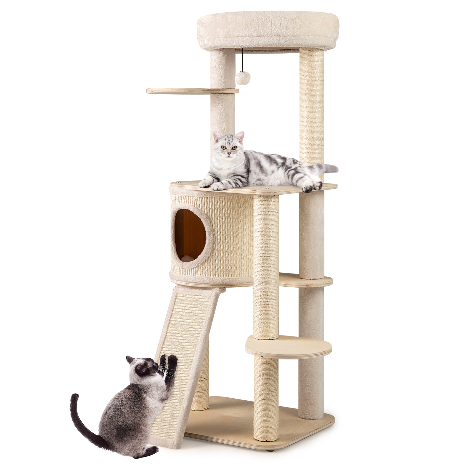 56 Inch Tall Cat Tree with 2 Sisal Scratching Posts and Ladder-NA, Natural Cat Trees Condos & Scratchers at Gallery Canada