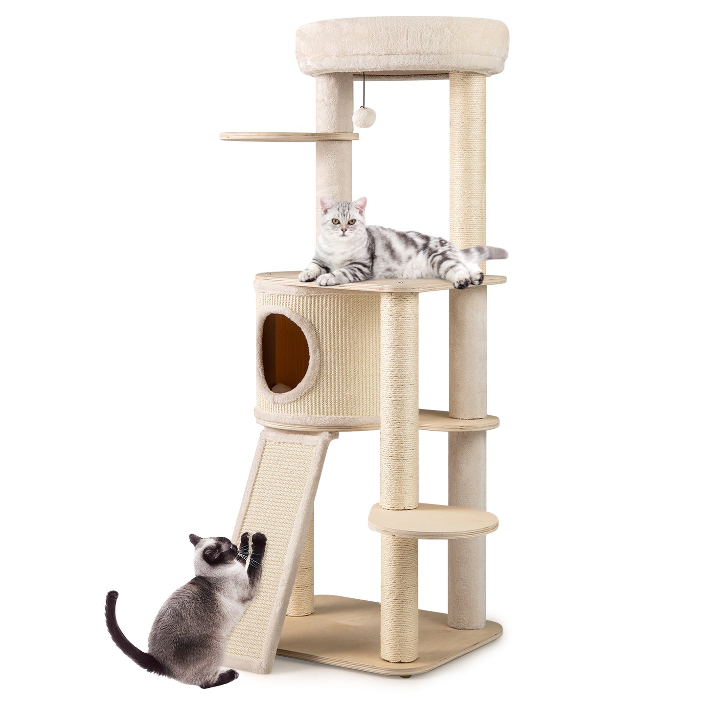 56 Inch Tall Cat Tree with 2 Sisal Scratching Posts and Ladder-NA, Natural Cat Trees Condos & Scratchers at Gallery Canada
