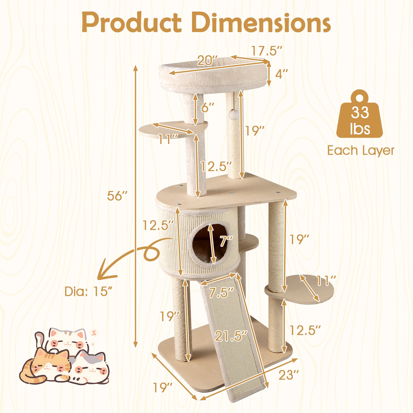 56 Inch Tall Cat Tree with 2 Sisal Scratching Posts and Ladder-NA, Natural Cat Trees Condos & Scratchers at Gallery Canada