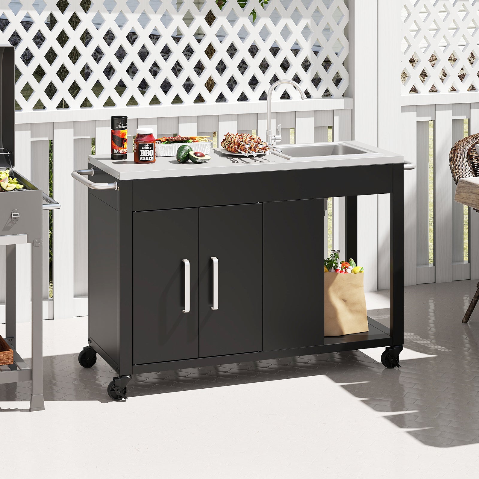56 Inches Outdoor Grill Table With Sink, Stainless Steel Top, Black Camping Furniture at Gallery Canada