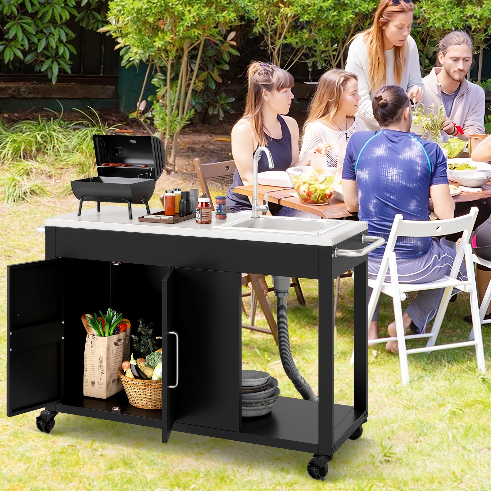 56 Inches Outdoor Grill Table With Sink, Stainless Steel Top, Black Camping Furniture at Gallery Canada