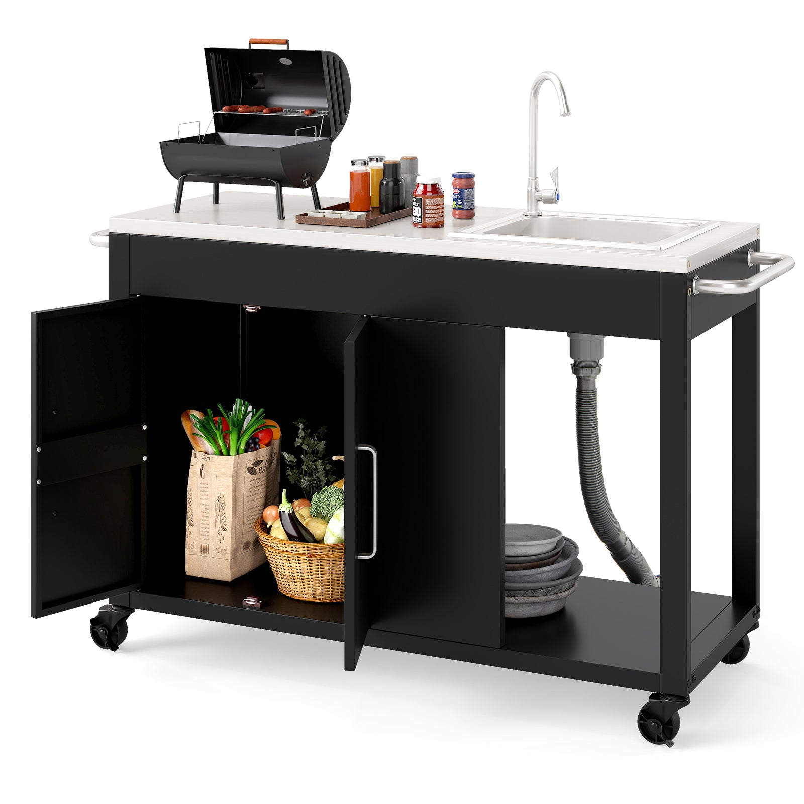 56 Inches Outdoor Grill Table With Sink, Stainless Steel Top, Black Camping Furniture at Gallery Canada
