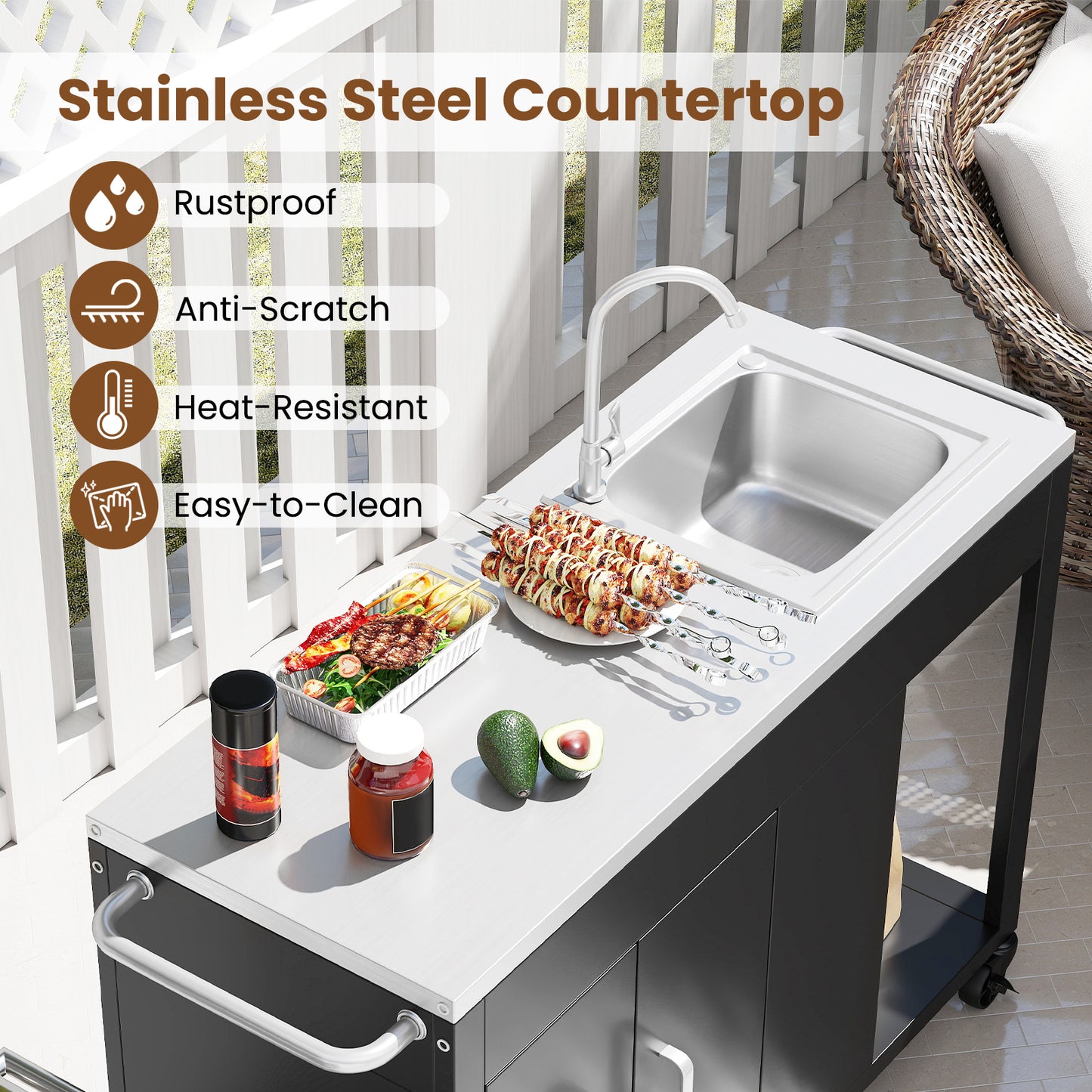 56 Inches Outdoor Grill Table With Sink, Stainless Steel Top, Black Camping Furniture at Gallery Canada