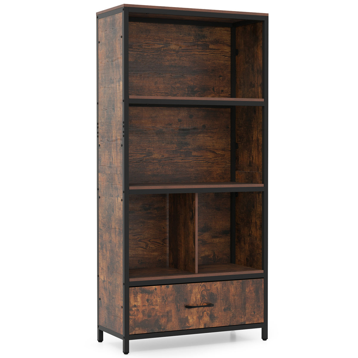 56" Tall Freestanding Bookcase with Drawer, 5 Tier, Rustic Brown Bookcases at Gallery Canada