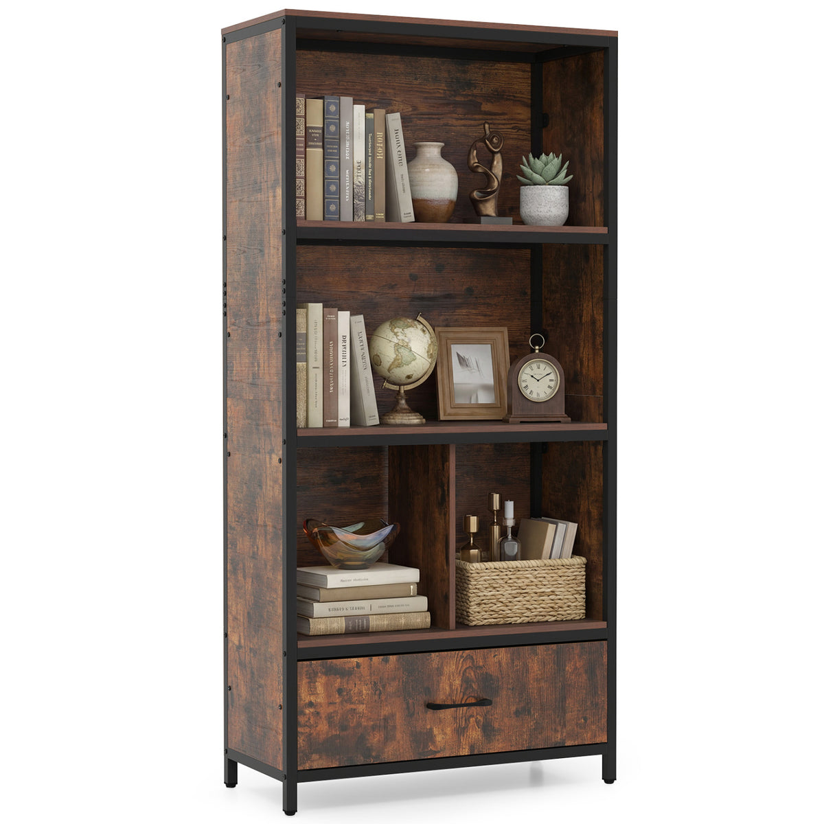 56" Tall Freestanding Bookcase with Drawer, 5 Tier, Rustic Brown Bookcases at Gallery Canada