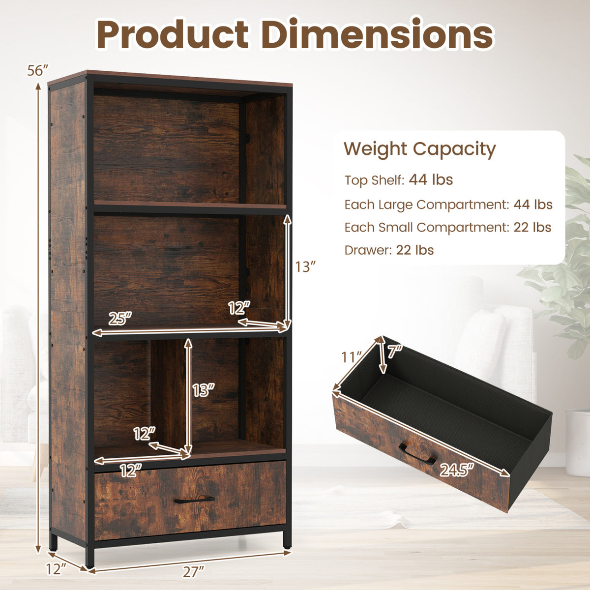 56" Tall Freestanding Bookcase with Drawer, 5 Tier, Rustic Brown Bookcases at Gallery Canada