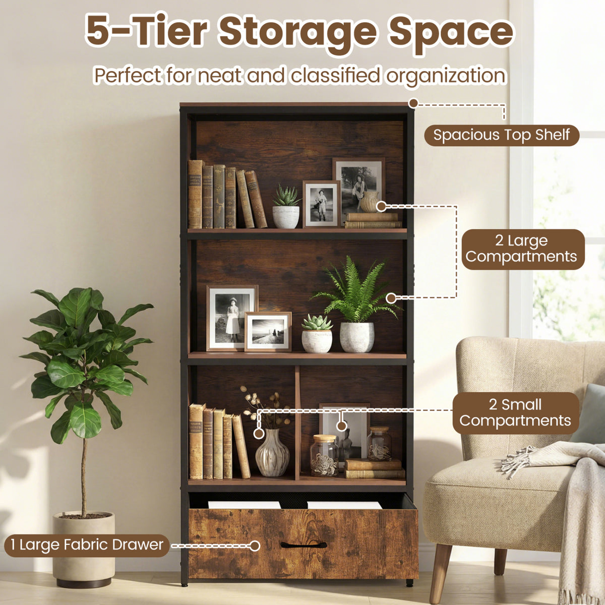 56" Tall Freestanding Bookcase with Drawer, 5 Tier, Rustic Brown Bookcases at Gallery Canada