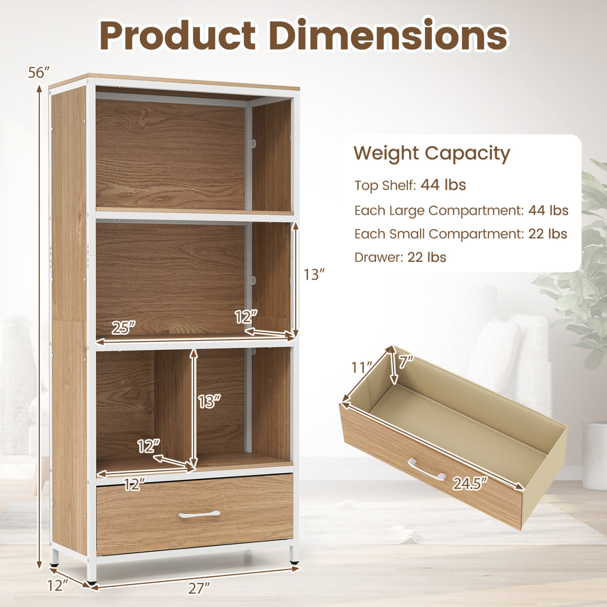56" Freestanding Bookcase, 5 Tier, With Drawer, Natural Bookcases at Gallery Canada