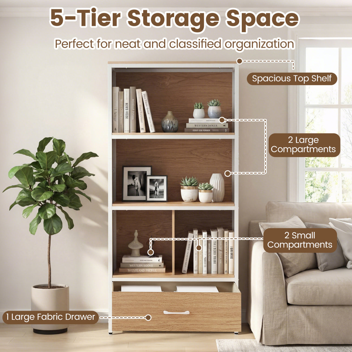 56" Freestanding Bookcase, 5 Tier, With Drawer, Natural Bookcases at Gallery Canada