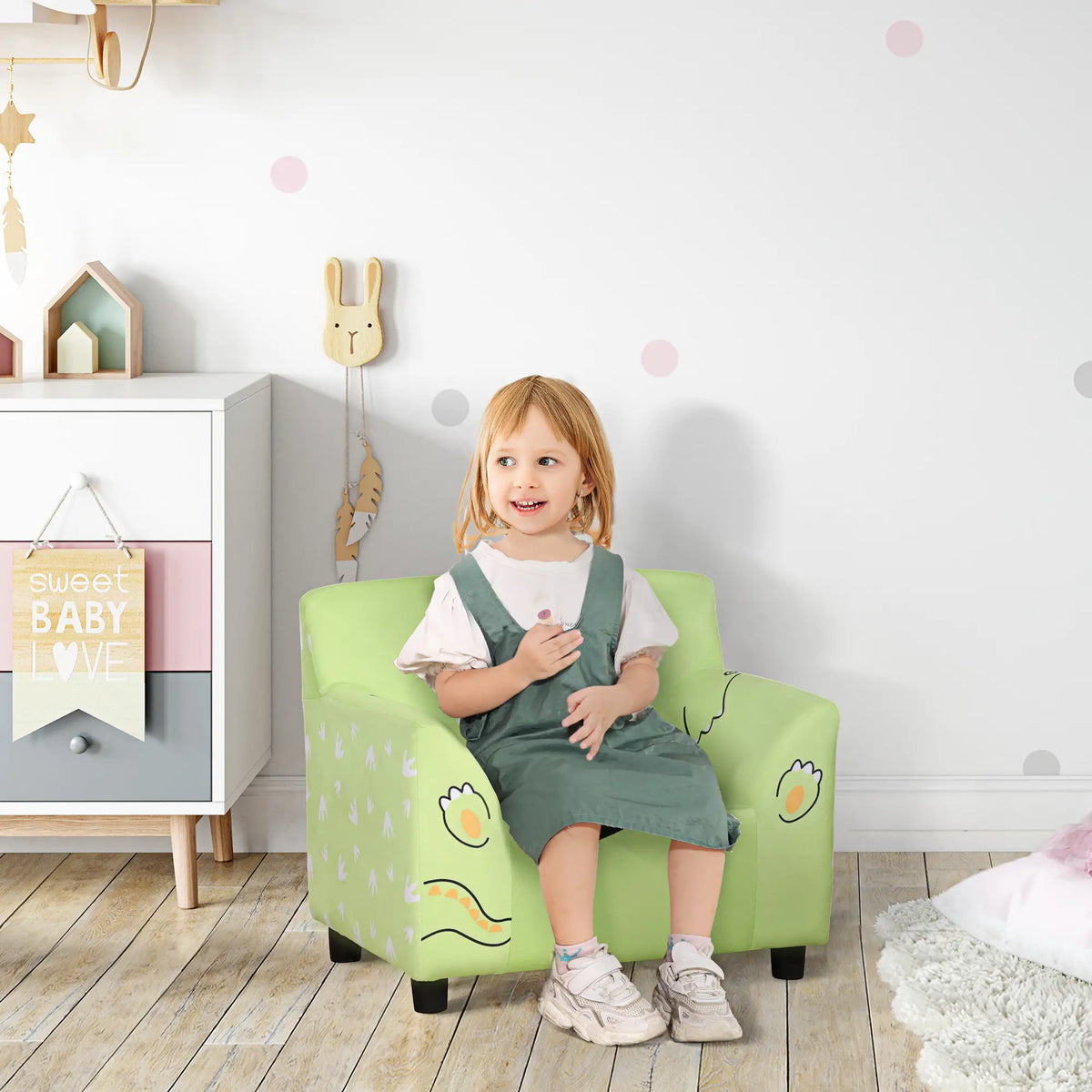 Kids Sofa, Armrest Chair, Toddler Couch, Cute Animal Print, Velvet, Eucalyptus Wood, Green Kids Chairs & Seating at Gallery Canada