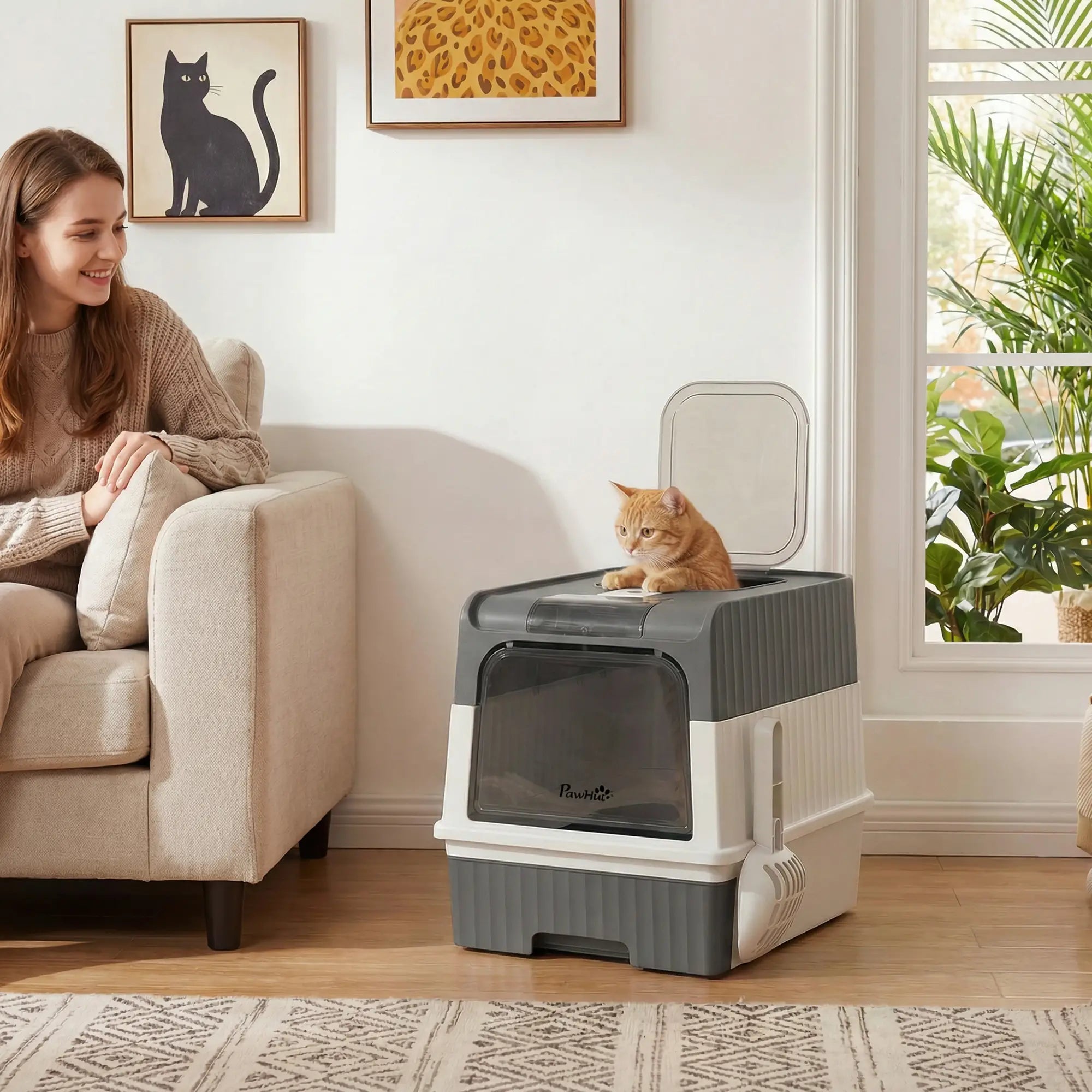 Enclosed Cat Litter Box with Drawer, Scoop, Grey Cat Litter Box Enclosures at Gallery Canada