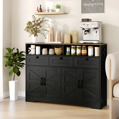 Sideboard, Buffet Cabinet with 4 Barn Doors, 3 Drawers, Black Storage Cabinets at Gallery Canada