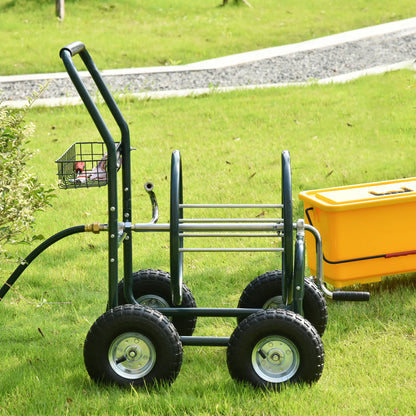 Portable Garden Hose Reel Cart With 4 Wheels, Storage Basket, Farm