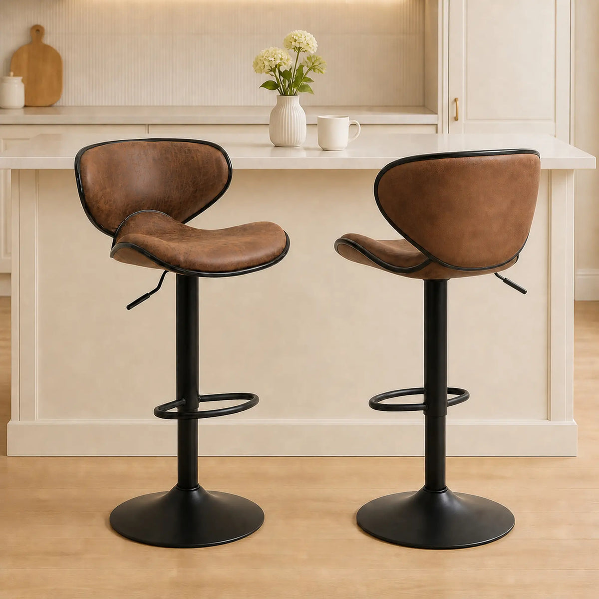 Vintage Set of 2 Adjustable Bar Stools, Swivel Seat, Brown Bar Stools at Gallery Canada
