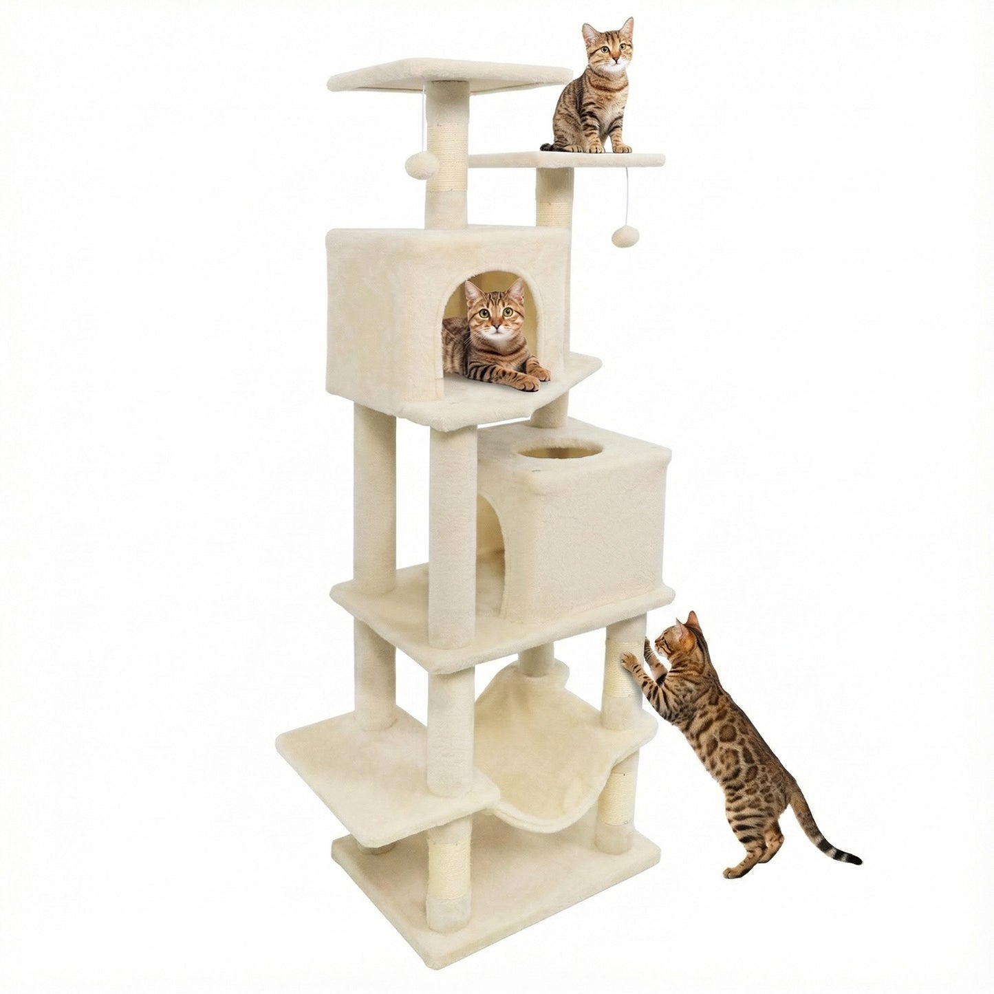 57 Inch Cat Tree with Dual Condos and Hammock and 2 Dangling Balls, Beige Cat Trees Condos & Scratchers Beige at Gallery Canada