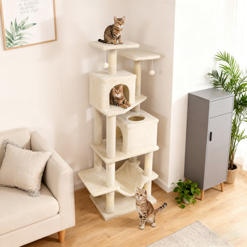 57 Inch Cat Tree with Dual Condos and Hammock and 2 Dangling Balls, Beige