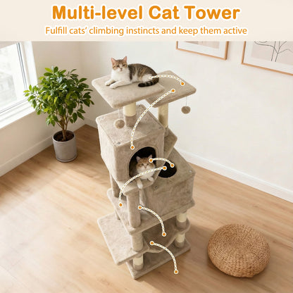 57 Inch Cat Tree with Dual Condos and Hammock and 2 Dangling Balls, Coffee Cat Trees Condos & Scratchers at Gallery Canada