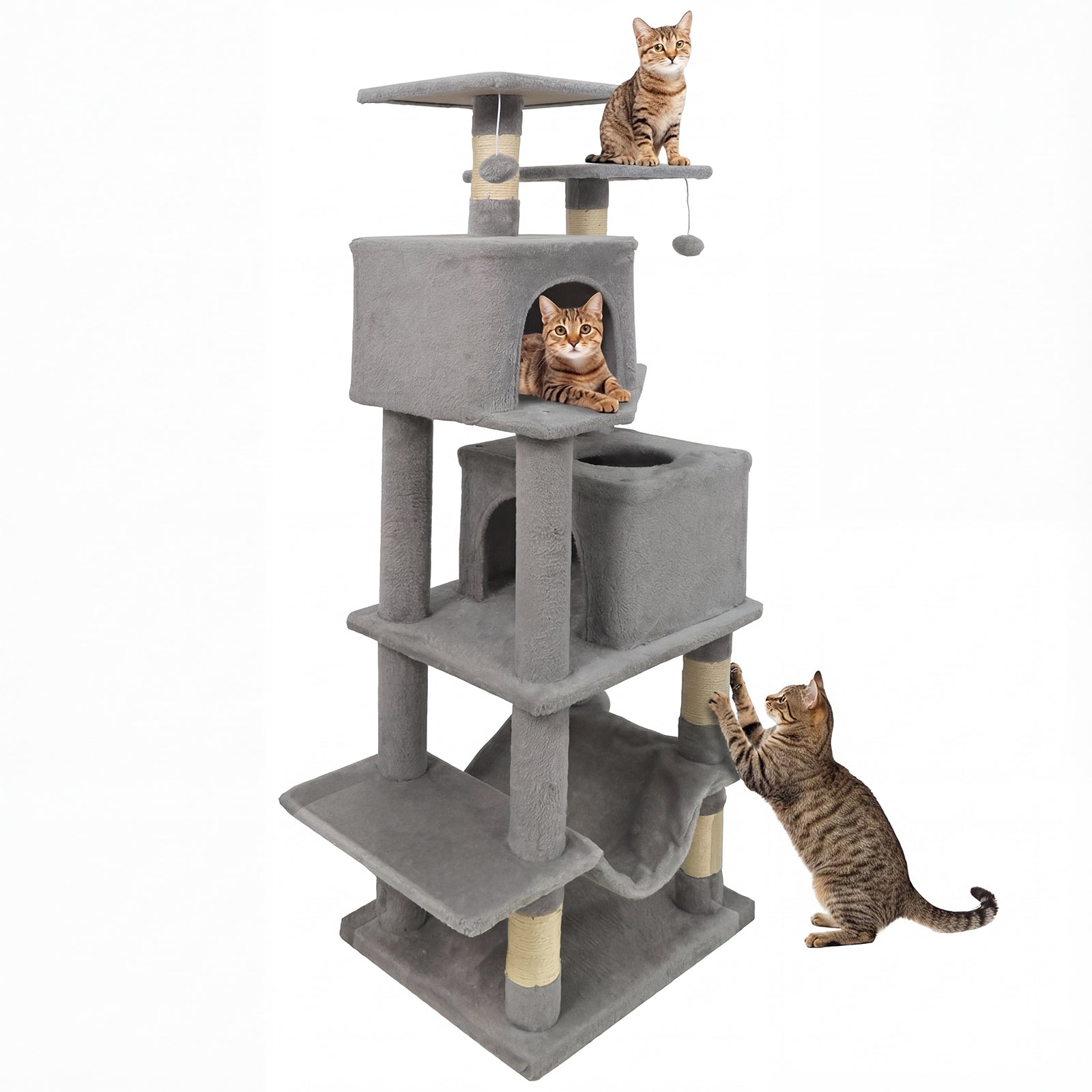 57 Inch Cat Tree with Dual Condos and Hammock and 2 Dangling Balls, Light Gray Cat Trees Condos & Scratchers at Gallery Canada