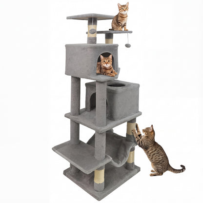 57 Inch Cat Tree with Dual Condos and Hammock and 2 Dangling Balls, Light Gray Cat Trees Condos & Scratchers at Gallery Canada