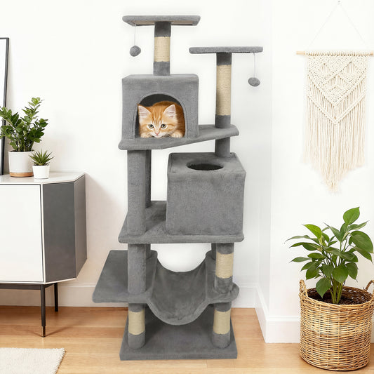 57 Inch Cat Tree with Dual Condos and Hammock and 2 Dangling Balls, Light Gray Cat Trees Condos & Scratchers Light Gray at Gallery Canada