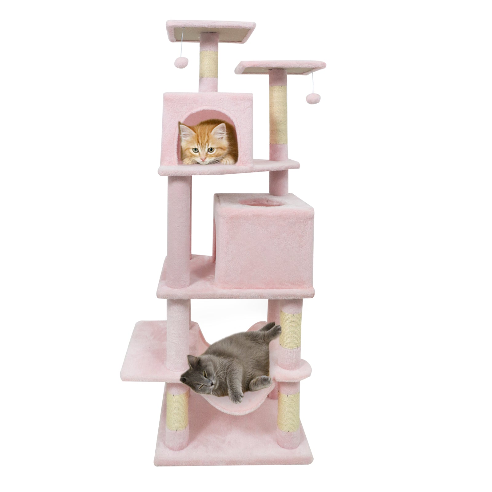 57 Inch Cat Tree with Dual Condos and Hammock and 2 Dangling Balls, Pink Cat Trees Condos & Scratchers at Gallery Canada
