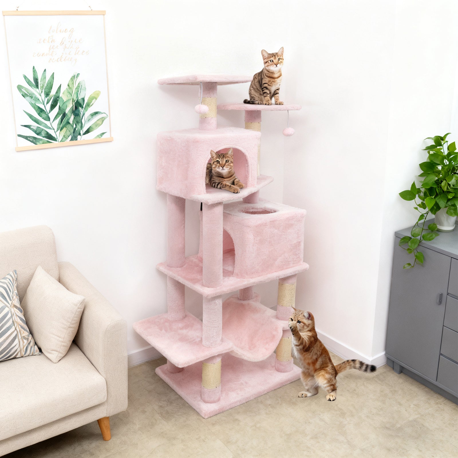 57 Inch Cat Tree with Dual Condos and Hammock and 2 Dangling Balls, Pink Cat Trees Condos & Scratchers at Gallery Canada