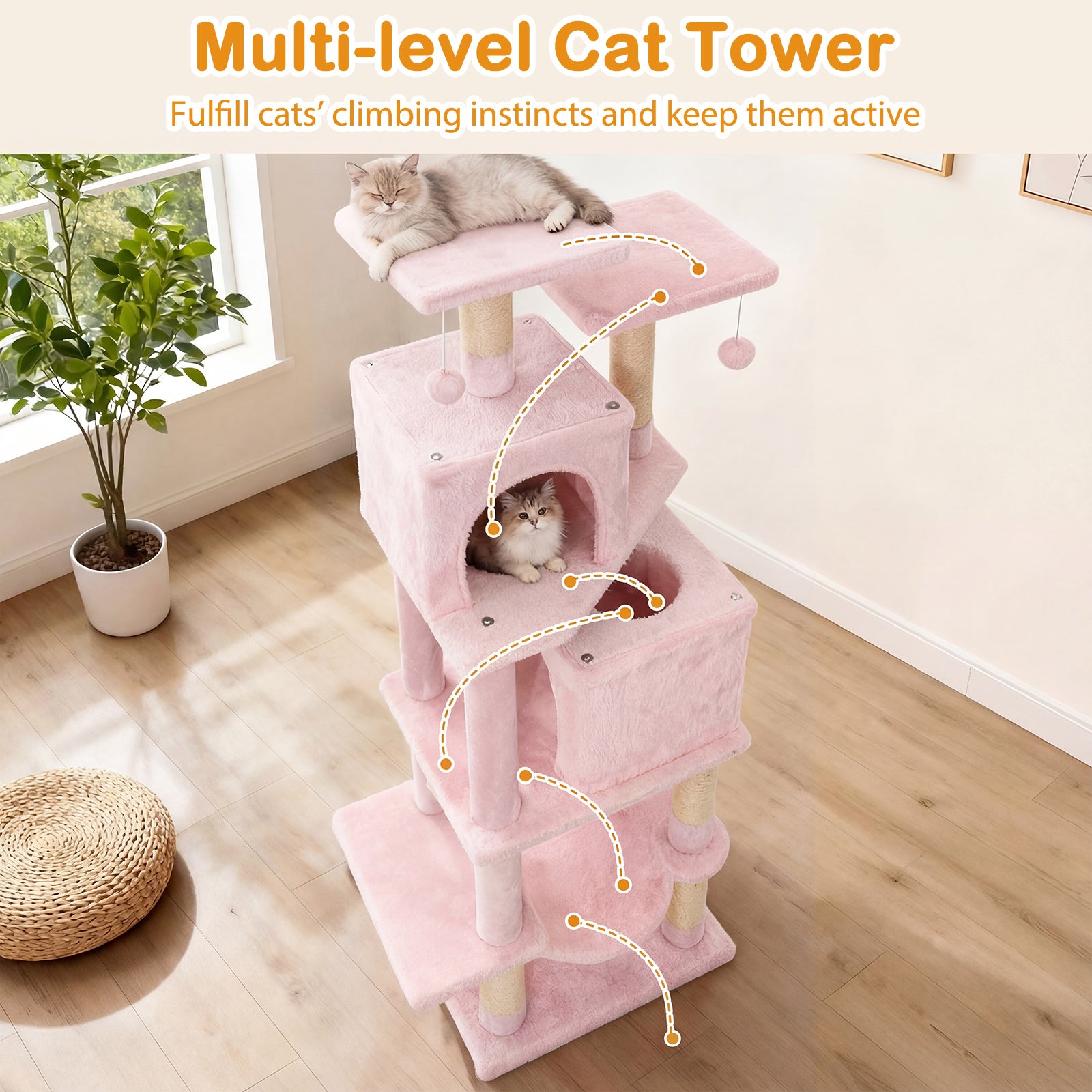 57 Inch Cat Tree with Dual Condos and Hammock and 2 Dangling Balls, Pink Cat Trees Condos & Scratchers at Gallery Canada
