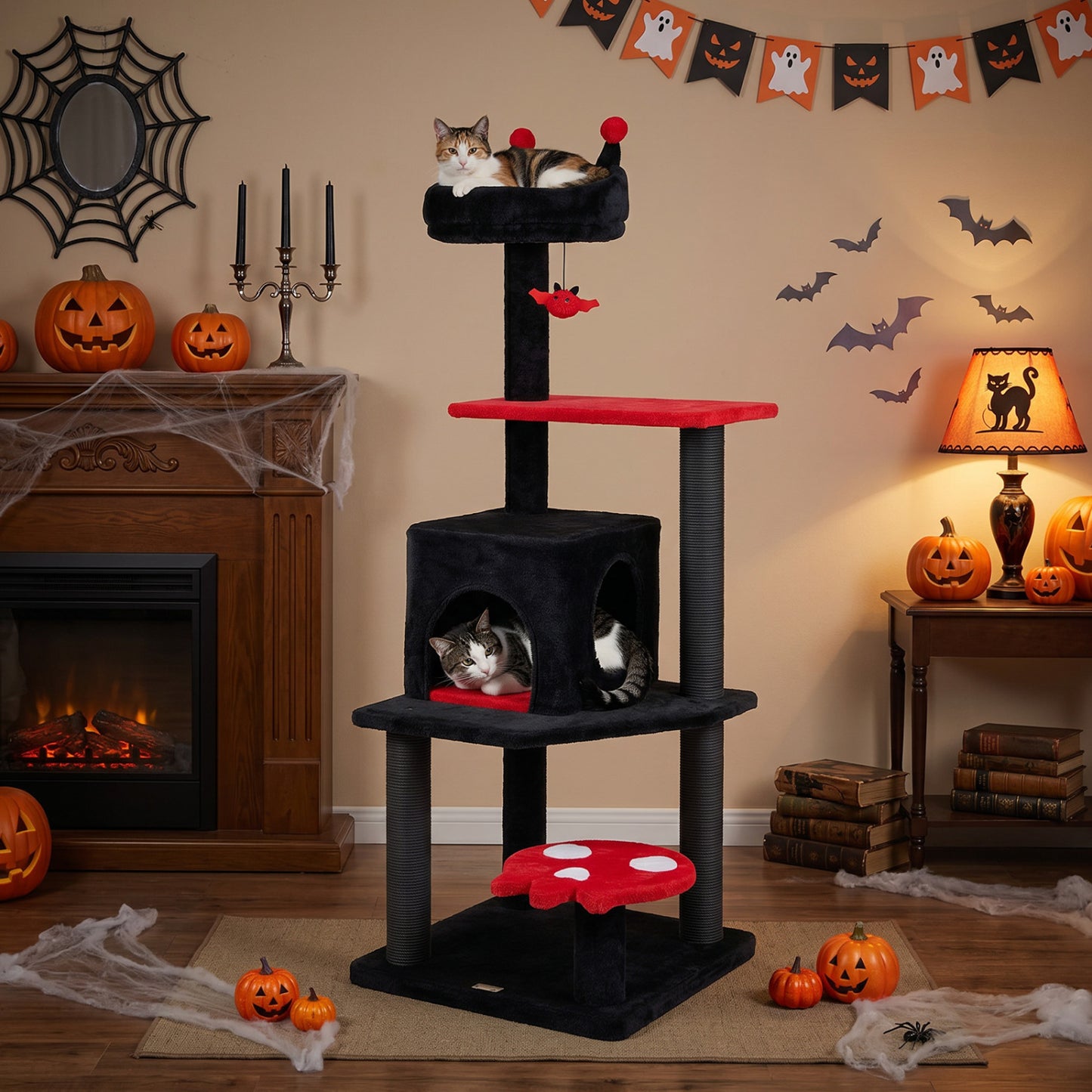 57" Spooky Cat Tower with Padded Perch and Spider-shaped Hanging Toy, Red Cat Trees Condos & Scratchers at Gallery Canada
