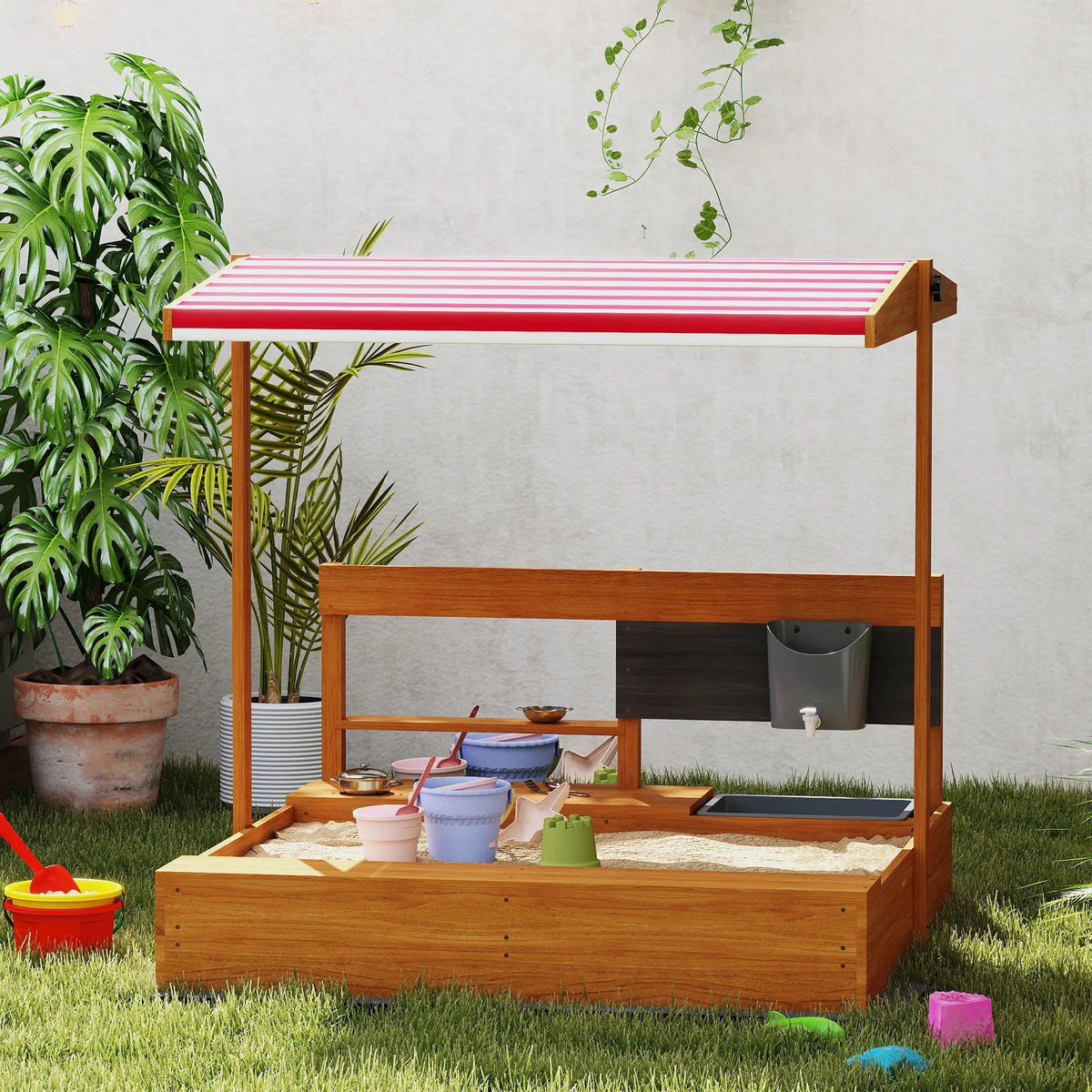 Kids Sandbox with Cover, Wooden Sand Box with Seat, Storage, 3-7 Years, Red Sandboxes & Accessories at Gallery Canada