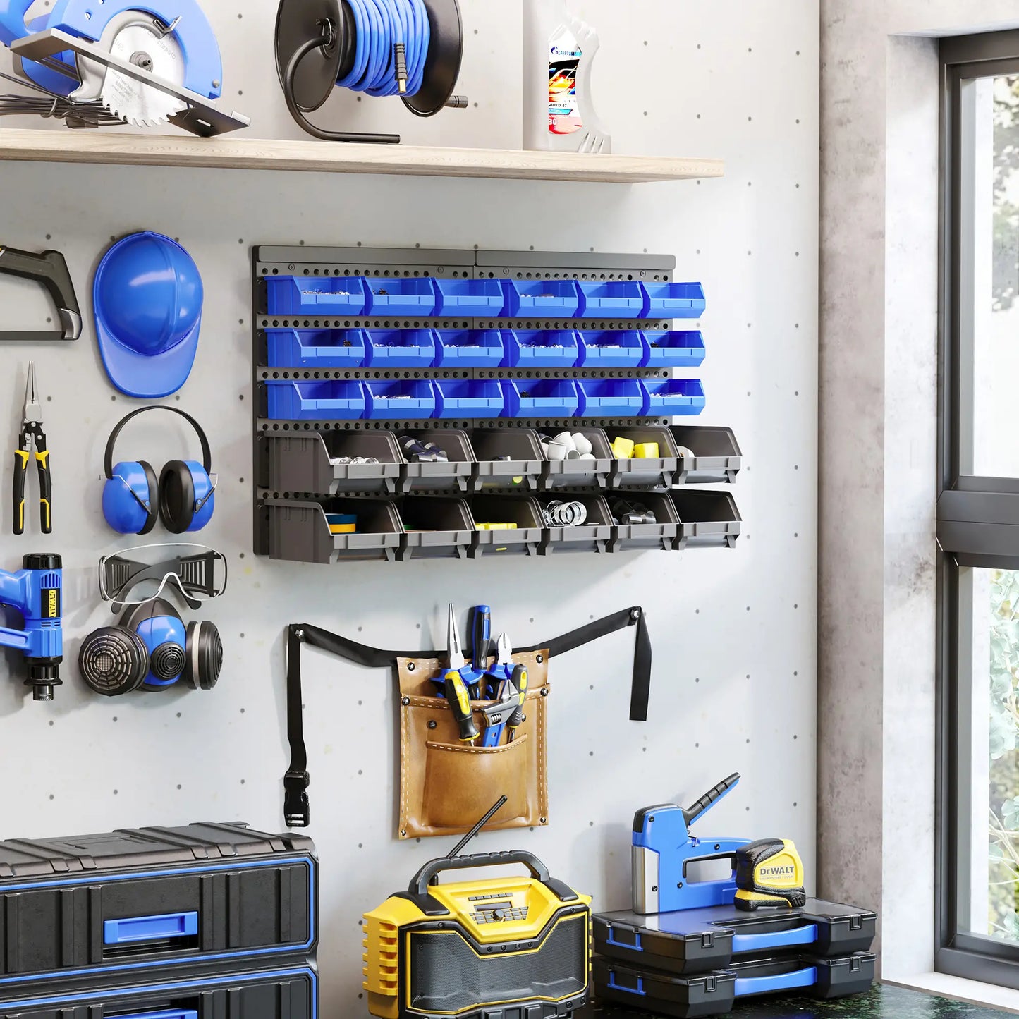 Wall Mounted Storage Bin Rack, 30 Bins, Pegboard, Garage Workshop, Blue Tool Organizers at Gallery Canada