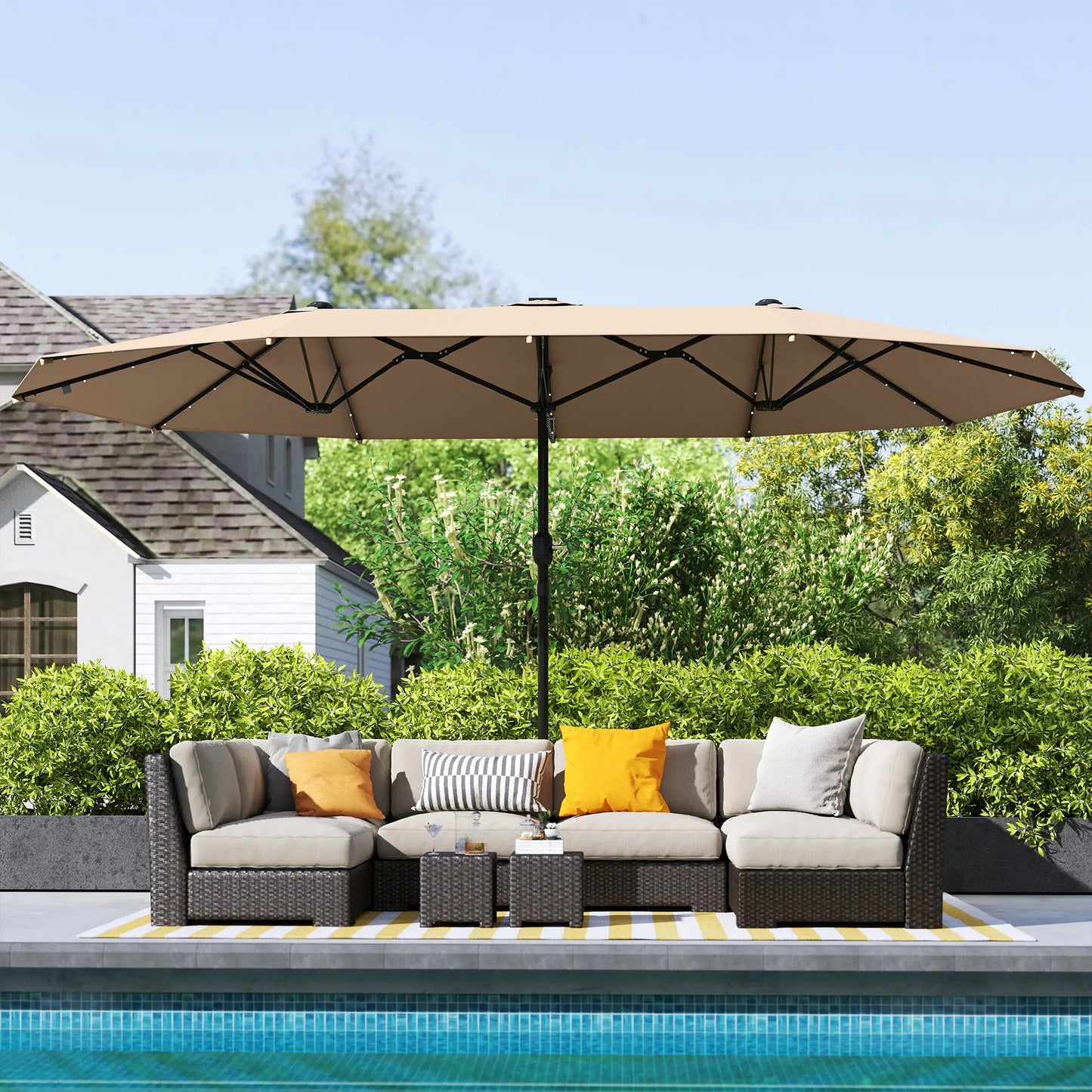174" Double-Sided Sun Umbrella, Patio Sun Shade, Solar LED Light, Khaki Double-sided Umbrellas at Gallery Canada