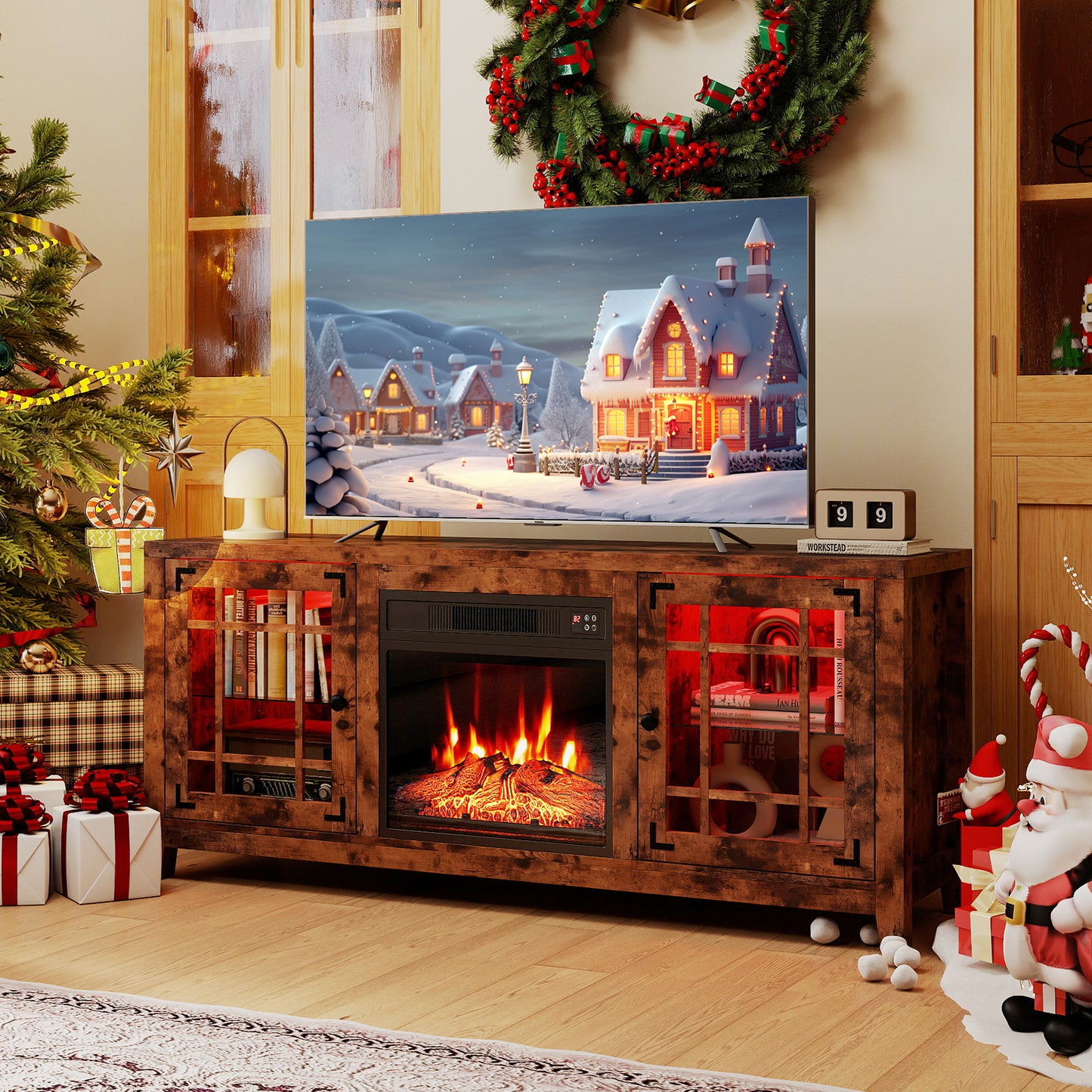 58" Fireplace TV Stand with LED Lights and 18" Electric Fireplace, Rustic Brown Fireplaces at Gallery Canada