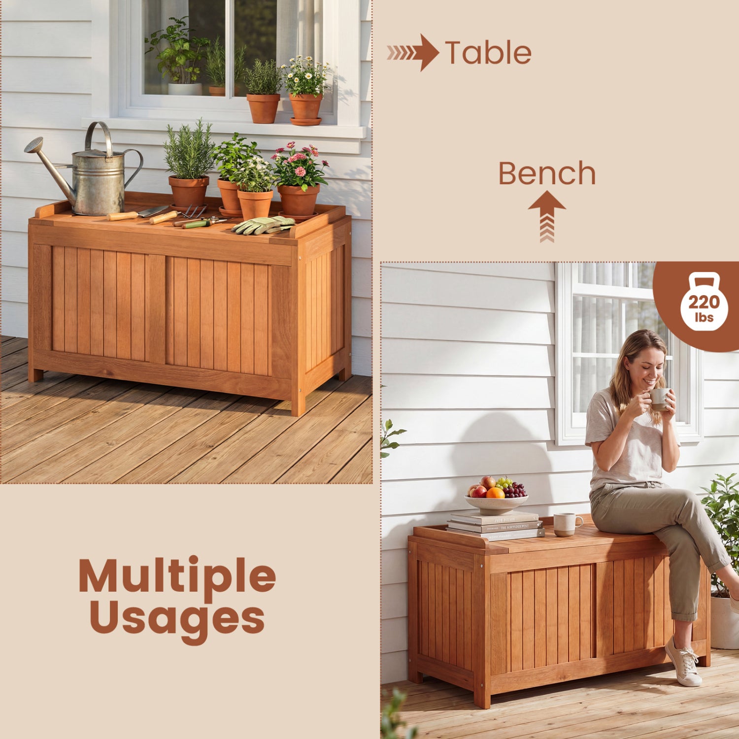 58 Gallon 3-in-1 Patio Wood Deck Box, Flip Top Cushion Storage Sheds & Outdoor Storage at Gallery Canada