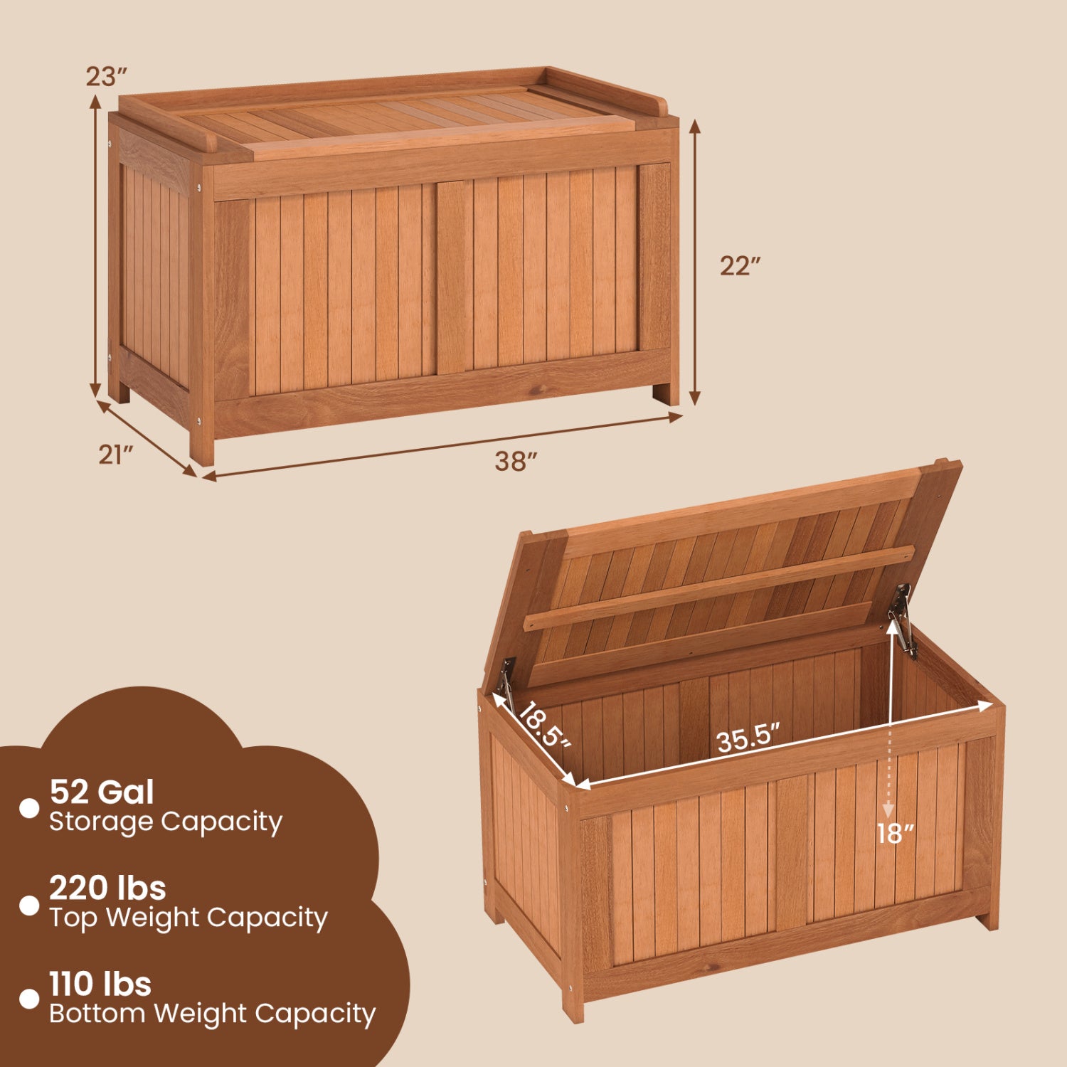58 Gallon 3-in-1 Patio Wood Deck Box, Flip Top Cushion Storage Sheds & Outdoor Storage at Gallery Canada