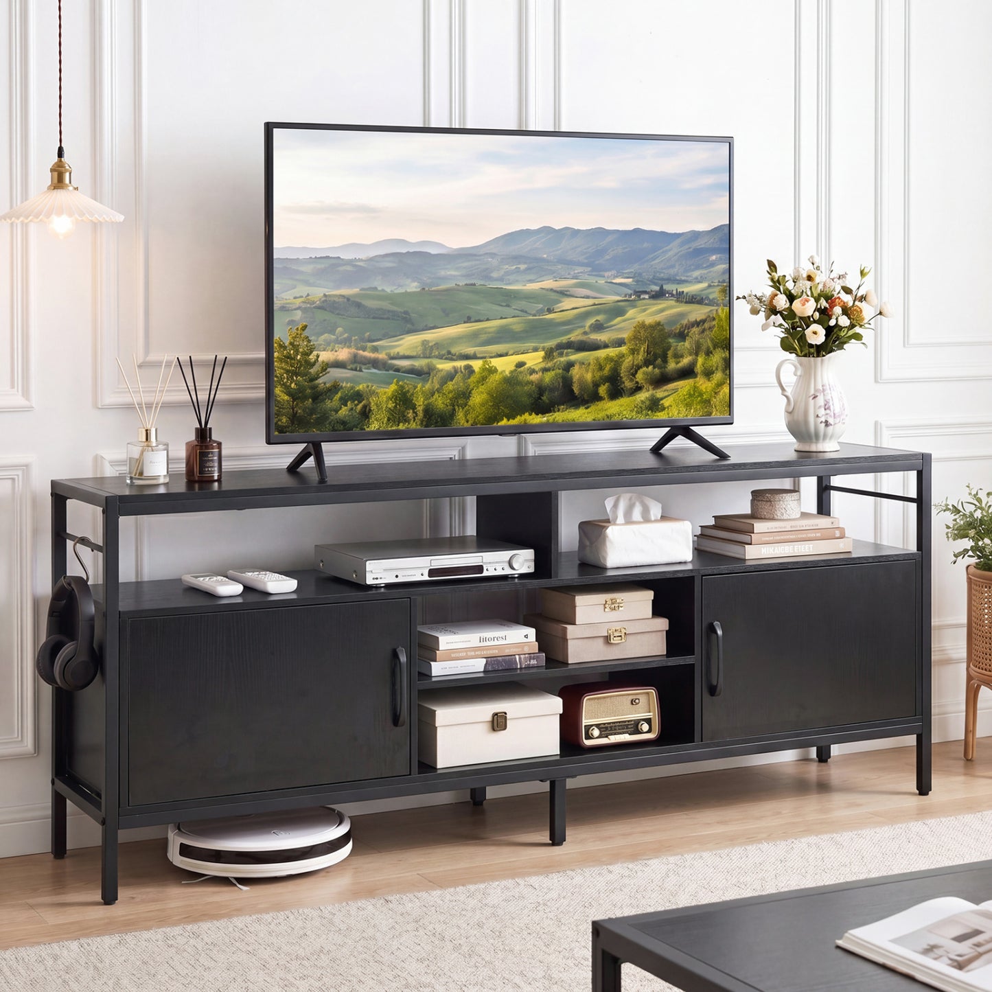 58" Industrial TV Stand With Cabinets, Adjustable Shelf, Black Entertainment Centers & TV Stands at Gallery Canada