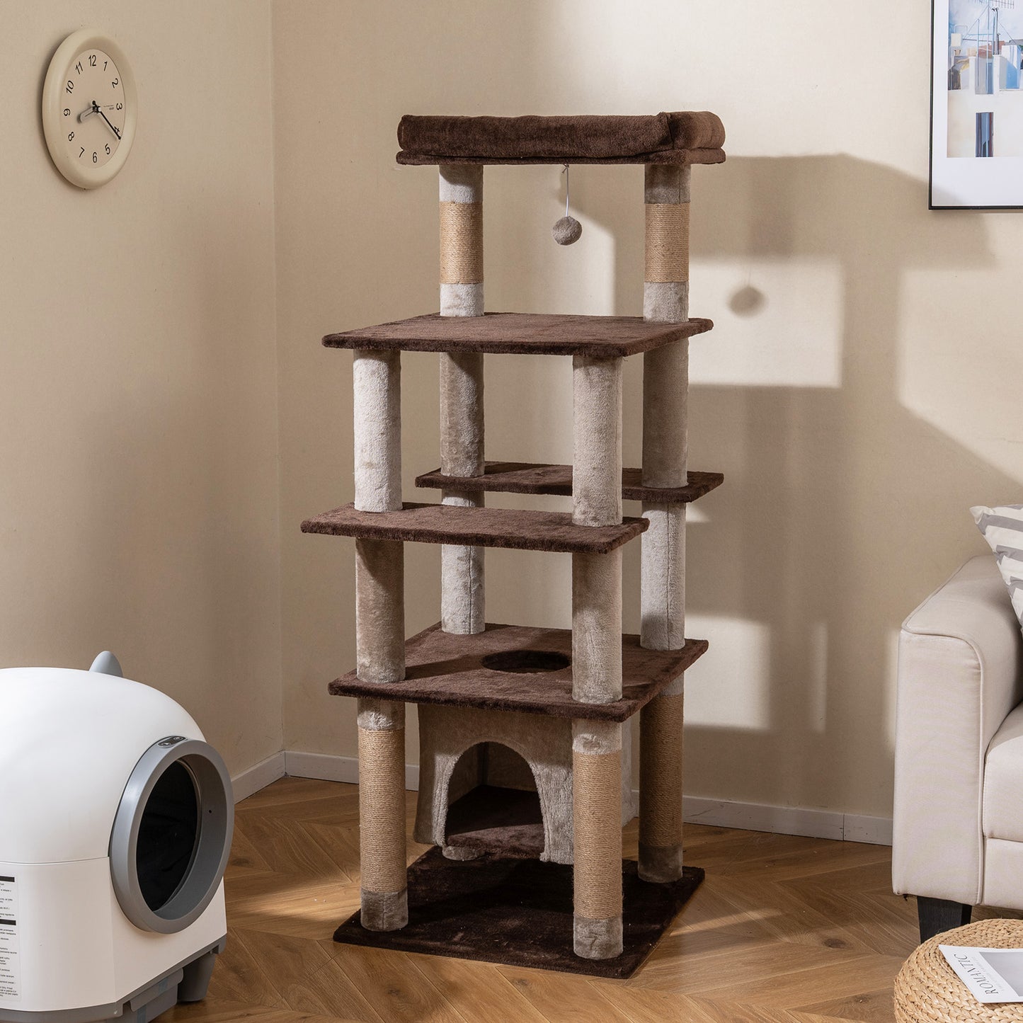 58 Inch Cat Tree, Multi-Level With Swaying Aerial Condo, Plush Perch Bed, Brown Cat Trees Condos & Scratchers at Gallery Canada