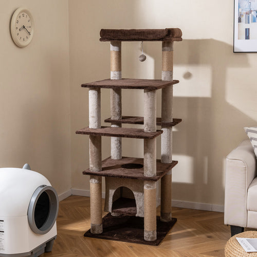 58 Inch Cat Tree, Multi-Level With Swaying Aerial Condo, Plush Perch Bed, Brown