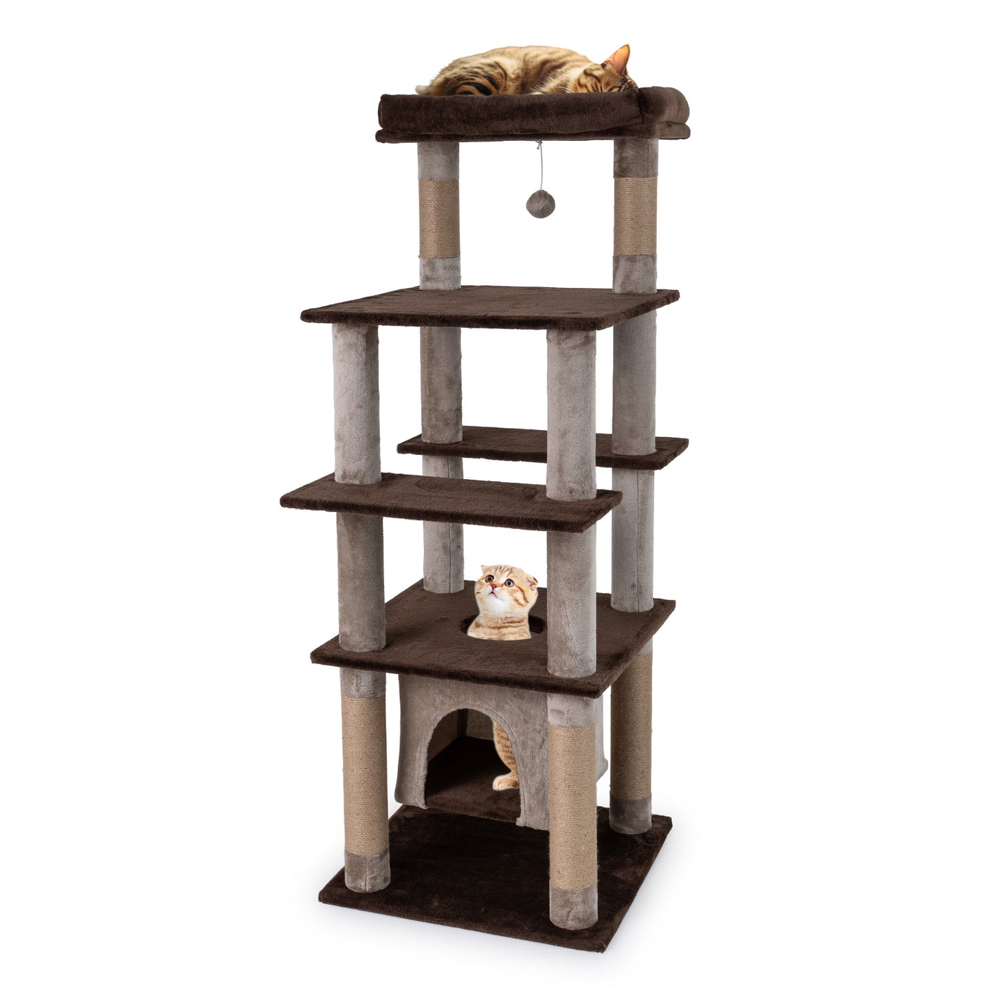 58 Inch Cat Tree, Multi-Level With Swaying Aerial Condo, Plush Perch Bed, Brown Cat Trees Condos & Scratchers at Gallery Canada