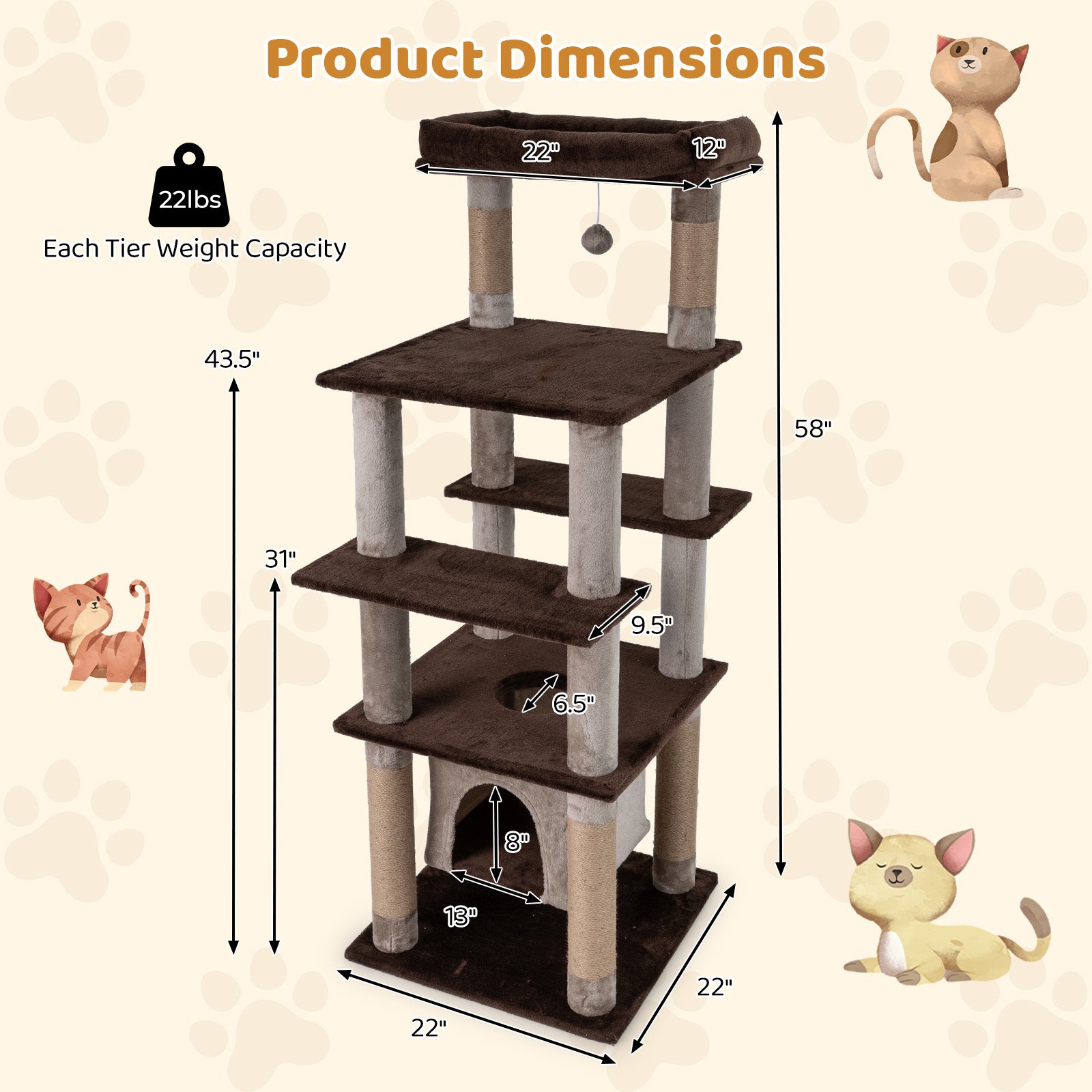 58 Inch Cat Tree, Multi-Level With Swaying Aerial Condo, Plush Perch Bed, Brown Cat Trees Condos & Scratchers at Gallery Canada