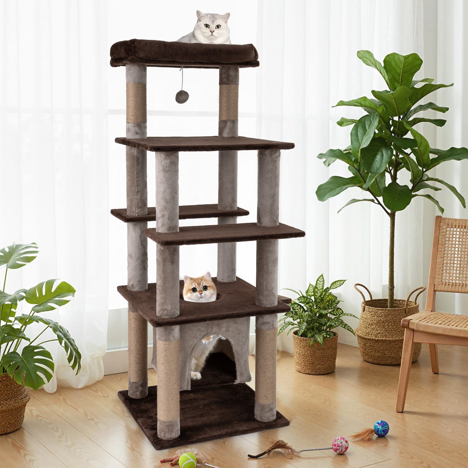 58 Inch Cat Tree, Multi-Level With Swaying Aerial Condo, Plush Perch Bed, Brown Cat Trees Condos & Scratchers at Gallery Canada