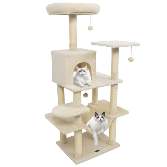 58" Multi-Level Cat Tree Soft Plush Cat Tower with Padded Top Perch, Beige Cat Trees Condos & Scratchers Beige at Gallery Canada