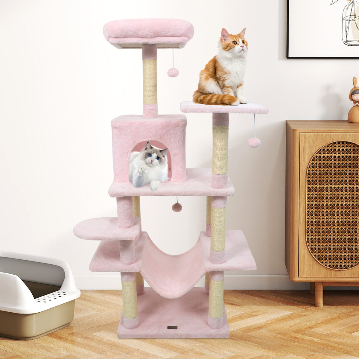 58" Multi-Level Cat Tree Soft Plush Cat Tower with Padded Top Perch, Pink Cat Trees Condos & Scratchers at Gallery Canada