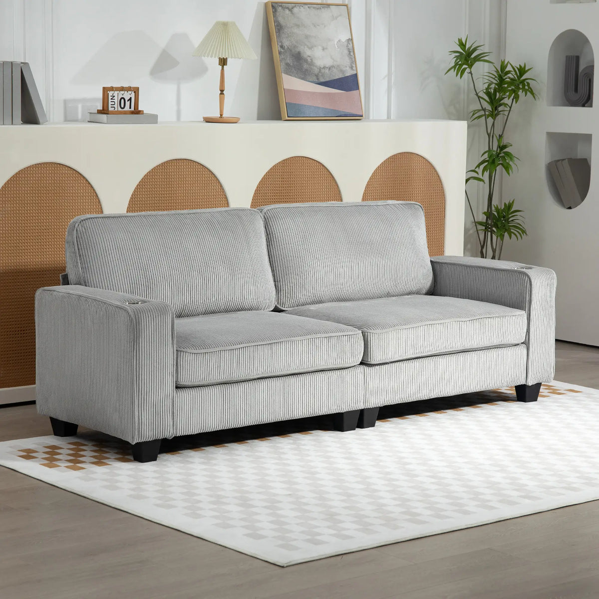 Three Seater Sofa, Fabric Couch with Spring Cushion, Cup Holders, Light Grey 3-Seater Sofas at Gallery Canada