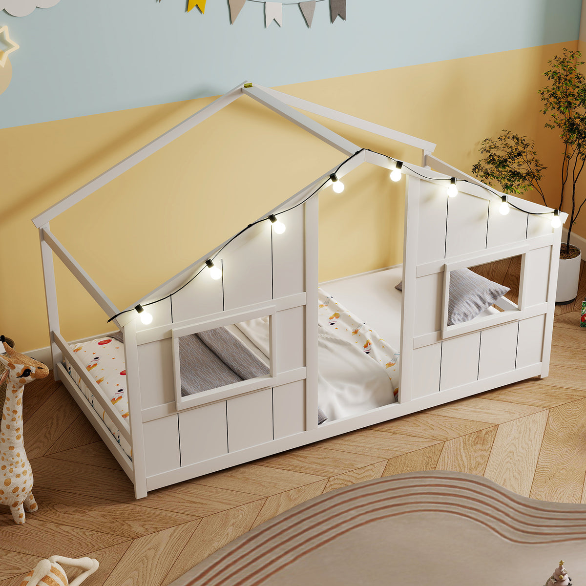 Twin Size House Bed With LED Lights, Montessori Floor Bed, White Toddler Beds at Gallery Canada